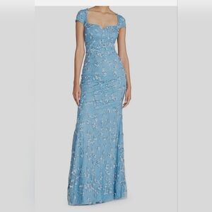 Theia Women's Blue Floral Sequin Sweetheart Cap-Sleeve Gown Dress Size 4 NWT